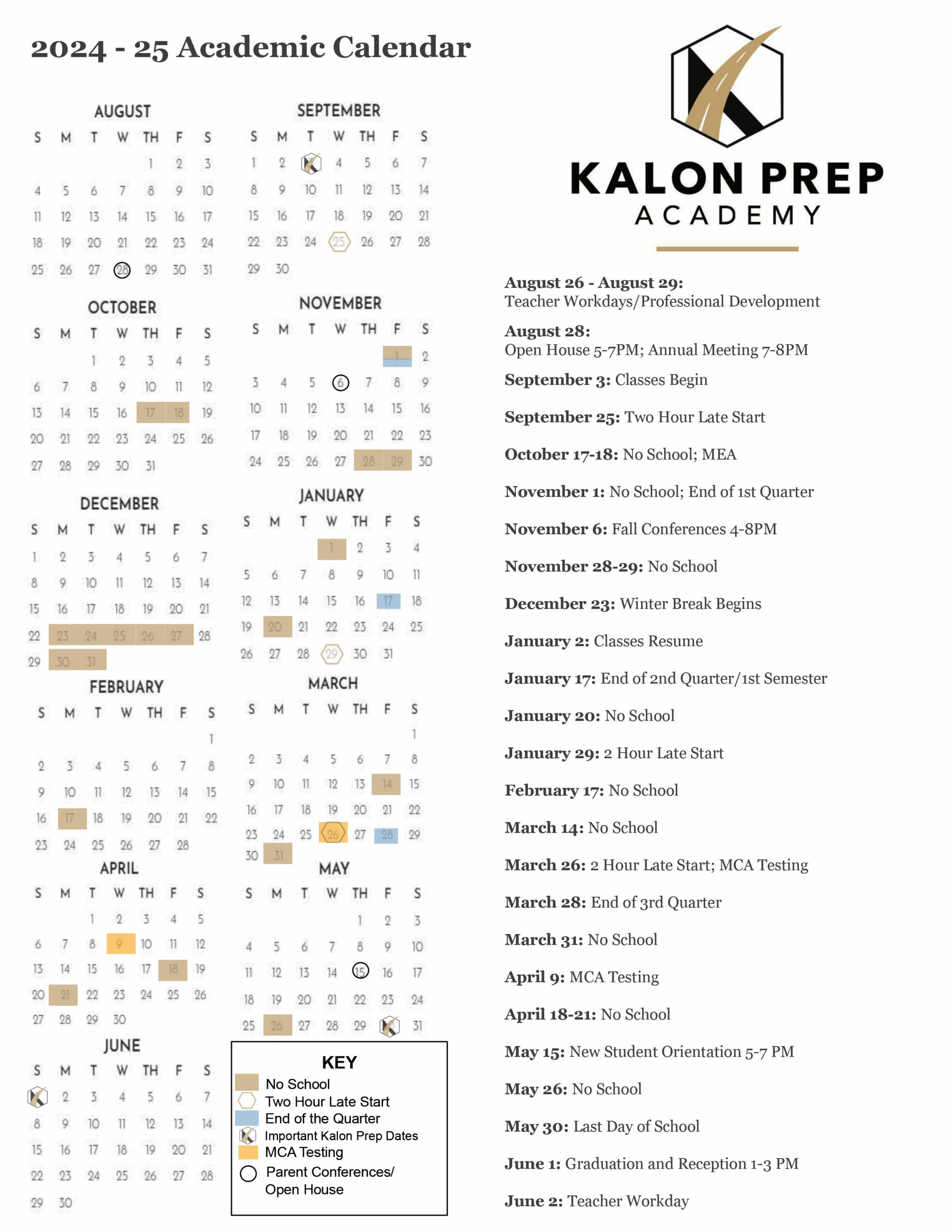 Kalon Prep 2024-25 calendar